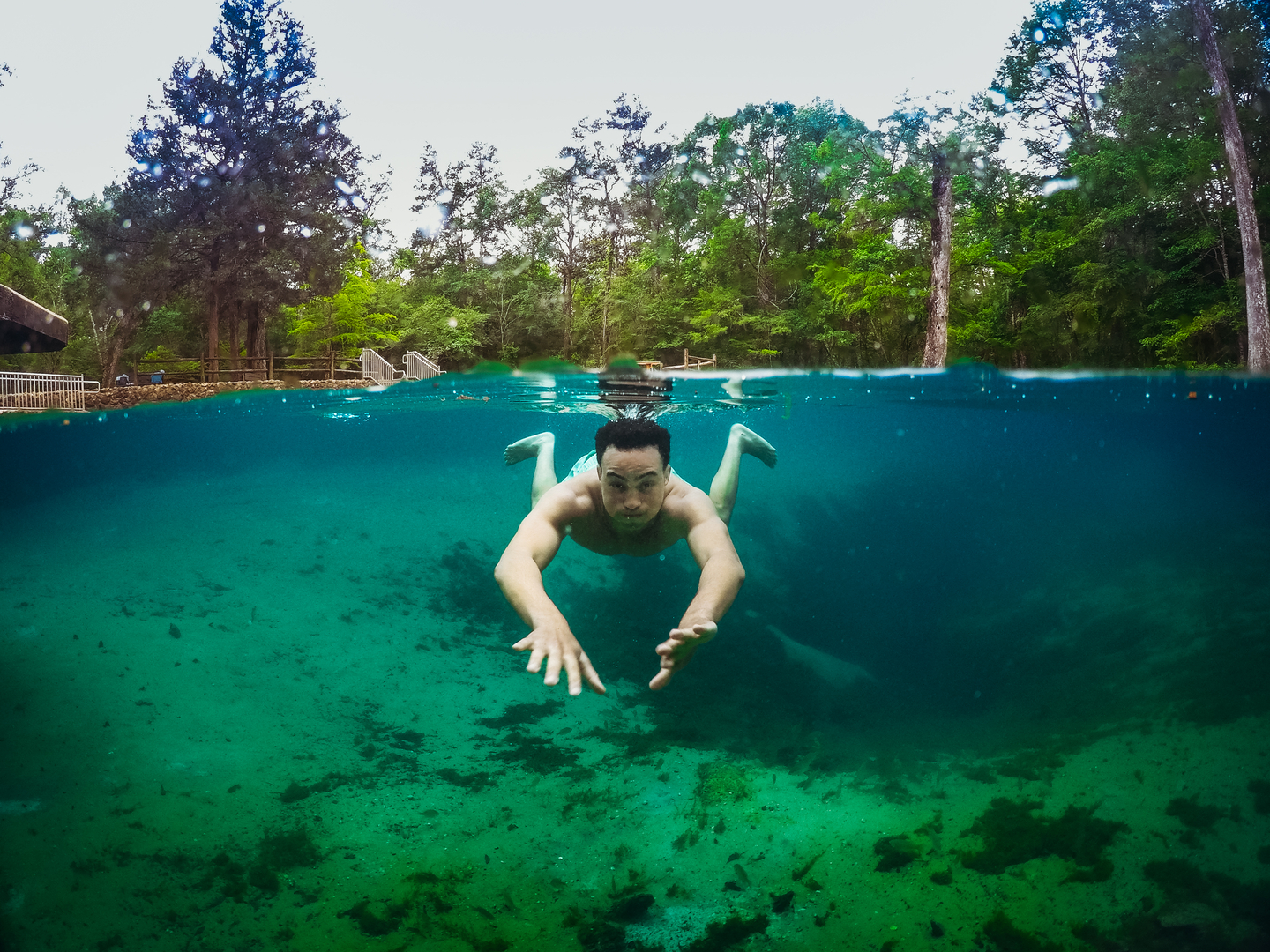 homem nadando em nascente cristalina em De Leon Springs
